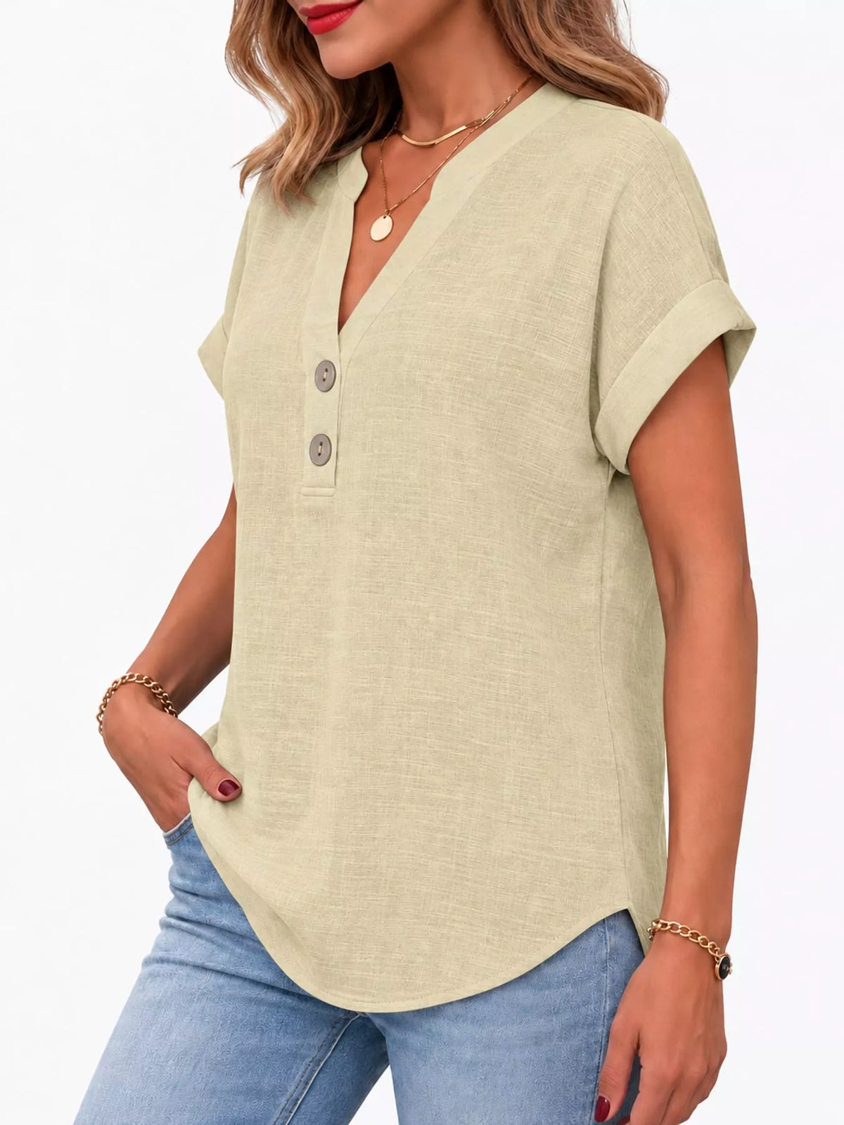 Pale yellow button detail short sleeve blouse, side view