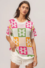 Trendsi BiBi Flower Checker Pattern Lightweight Sweater Top -