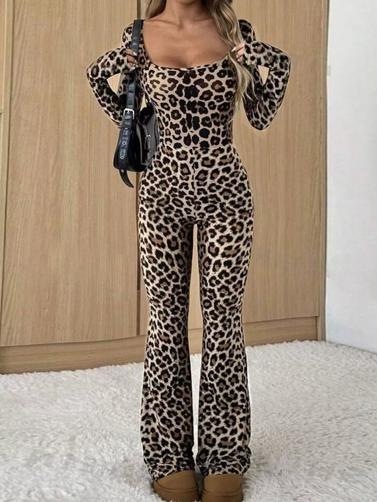 Long Sleeve Leopard Print Slim Fit Flare Jumpsuit — front view
