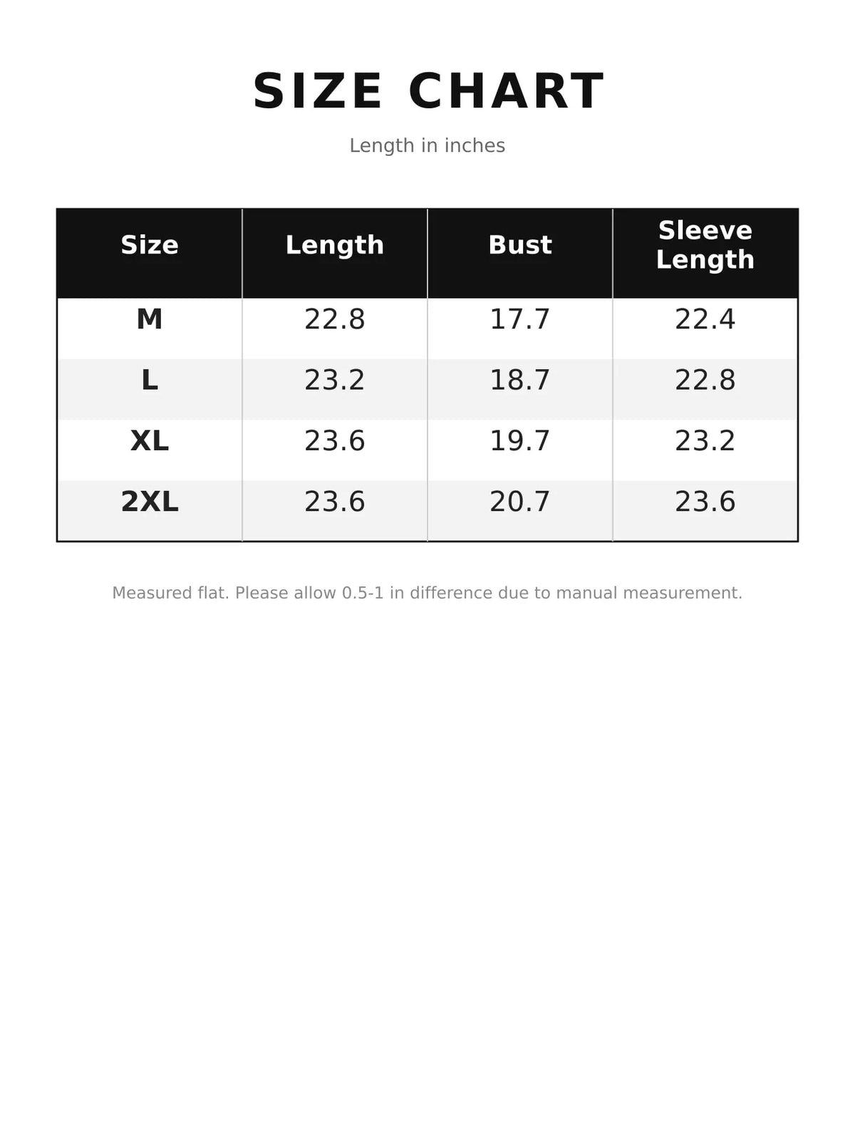 Size chart for wrap-front sweater
