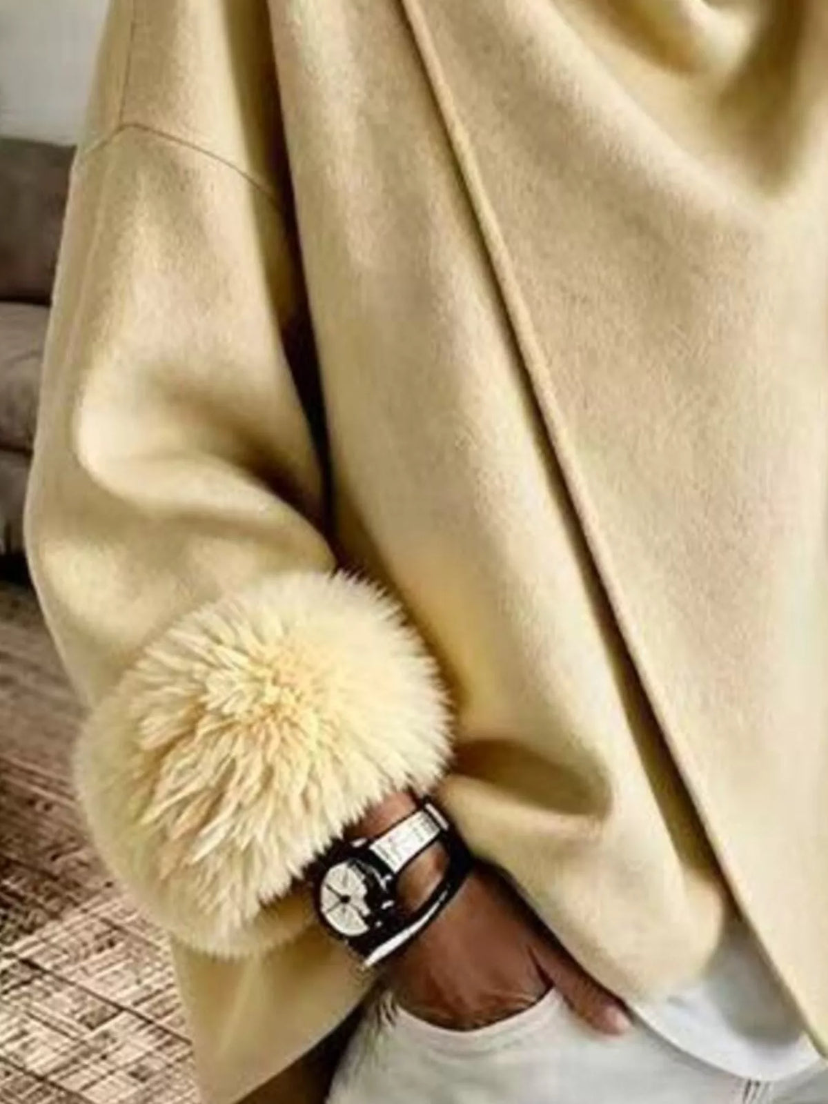 Asymmetric Buttoned Jacket with Faux Fur Cuffs, cuff detail