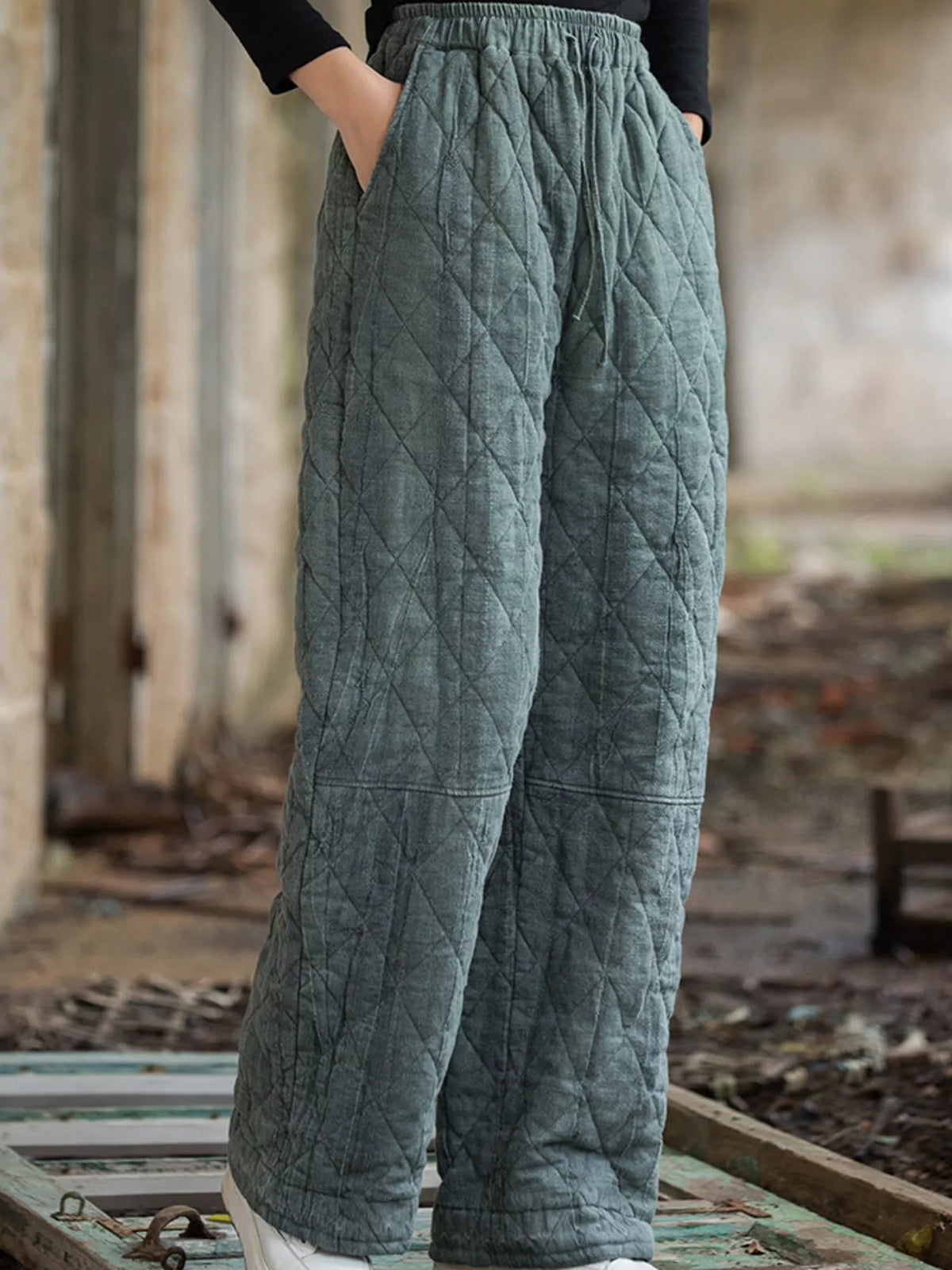 Teal quilted wide-leg pants, side view