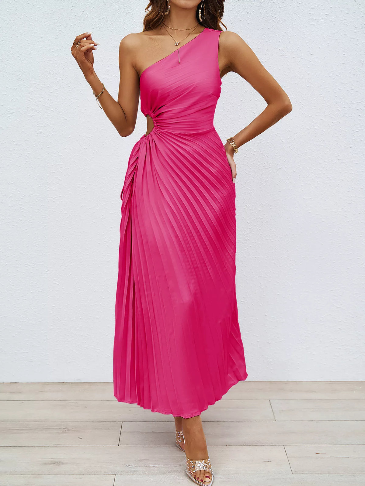 One-Shoulder Cutout Pleated Midi Dress, front view