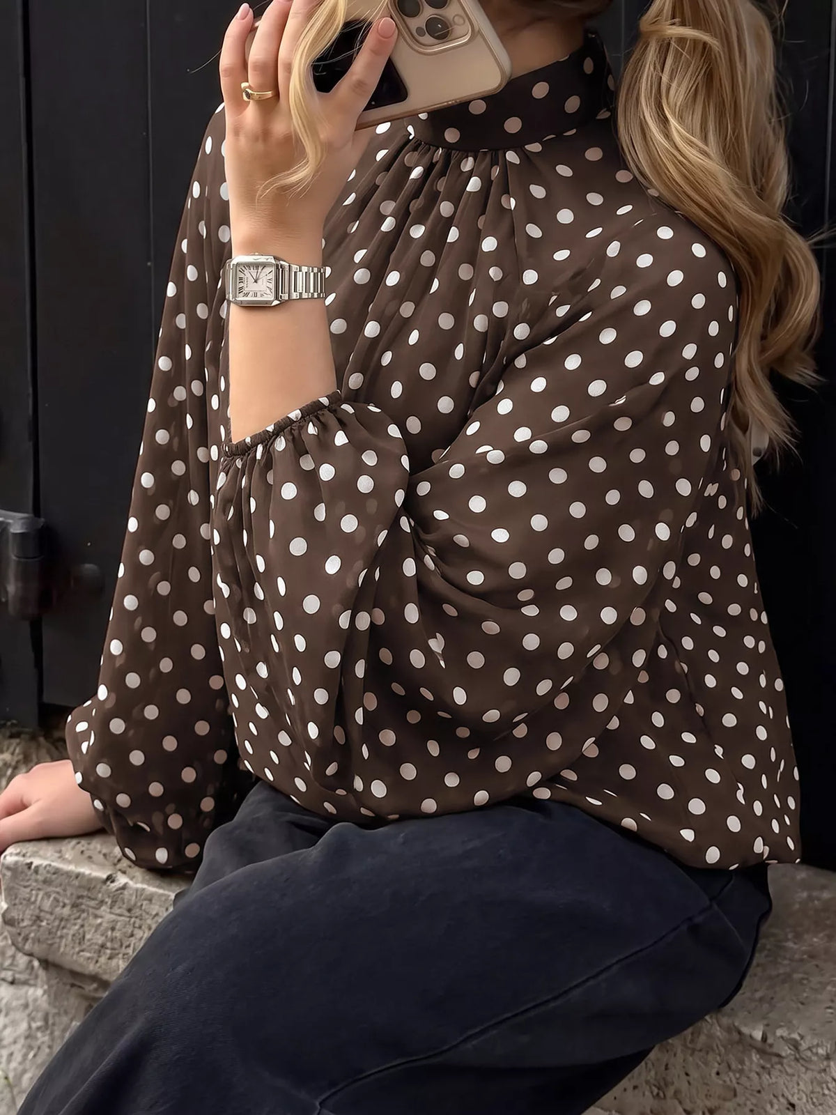 Trendsi Polka Dot Mock Neck Long Sleeve Blouse -