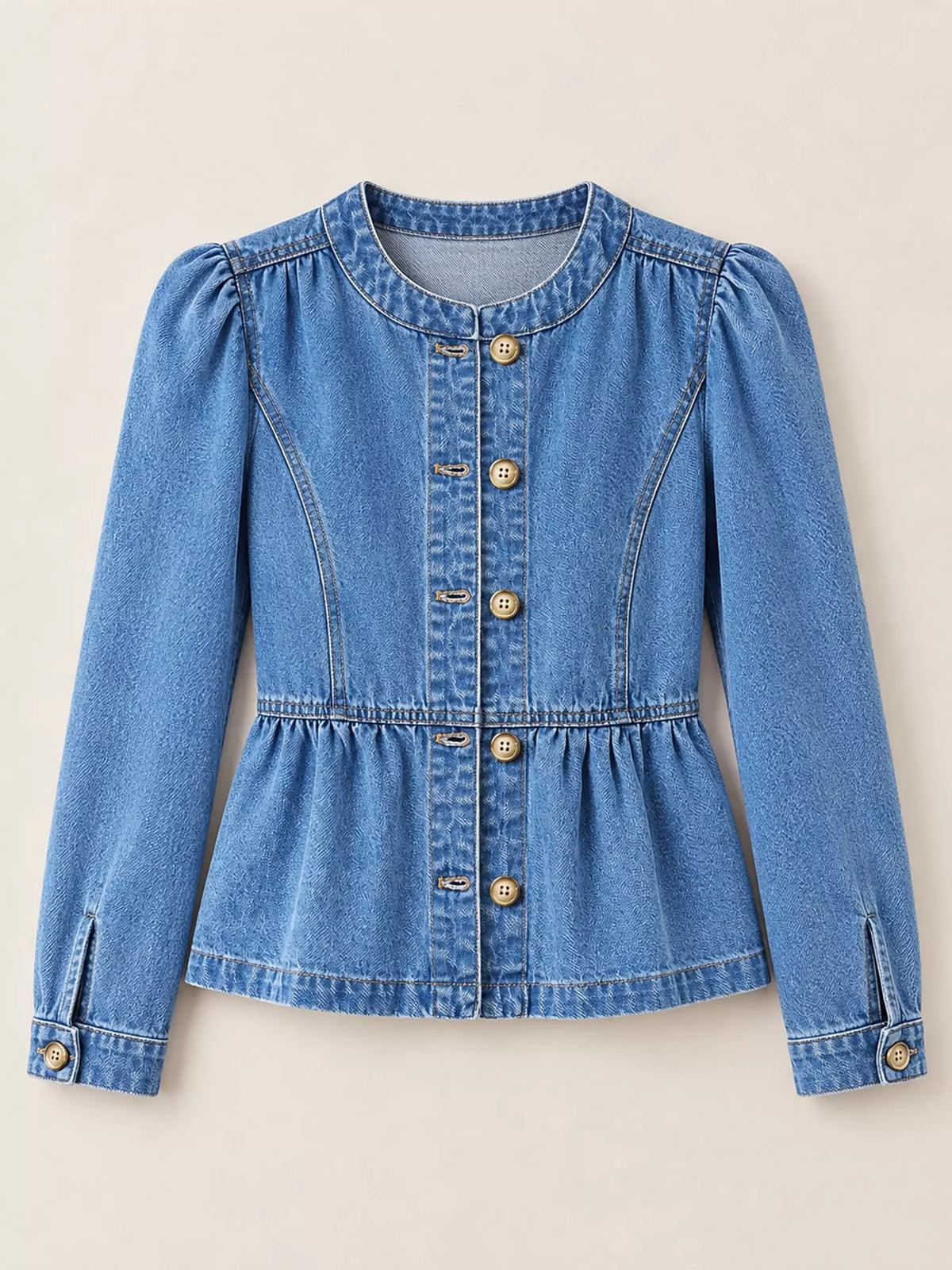 Women's Button Up Peplum Denim Shirt in blue — flat lay view