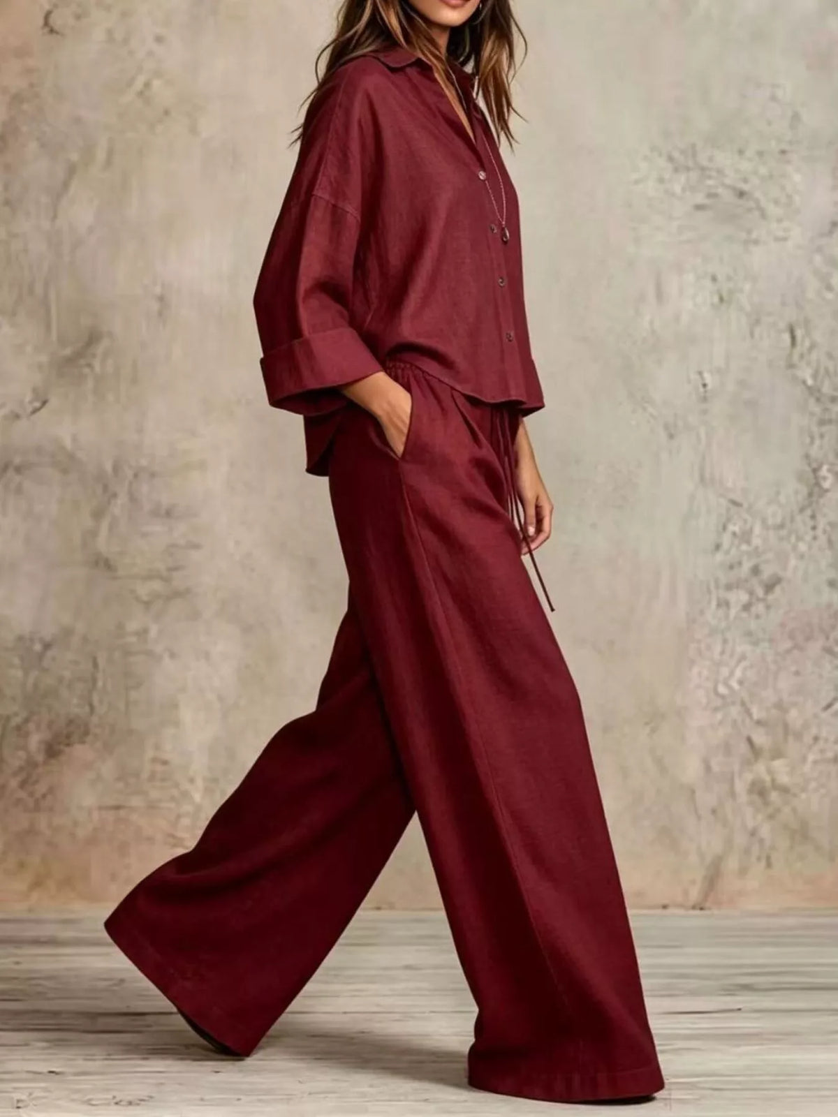 Shirt and pants set, burgundy set front