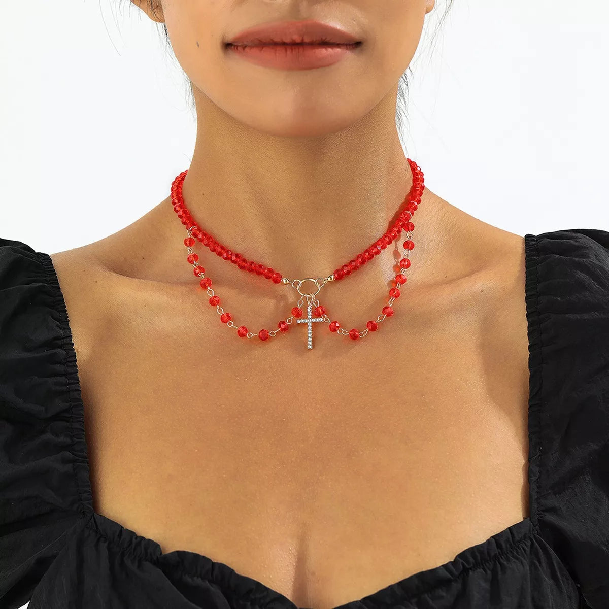 Trendsi Halloween Beaded Cross Pendant Necklace -