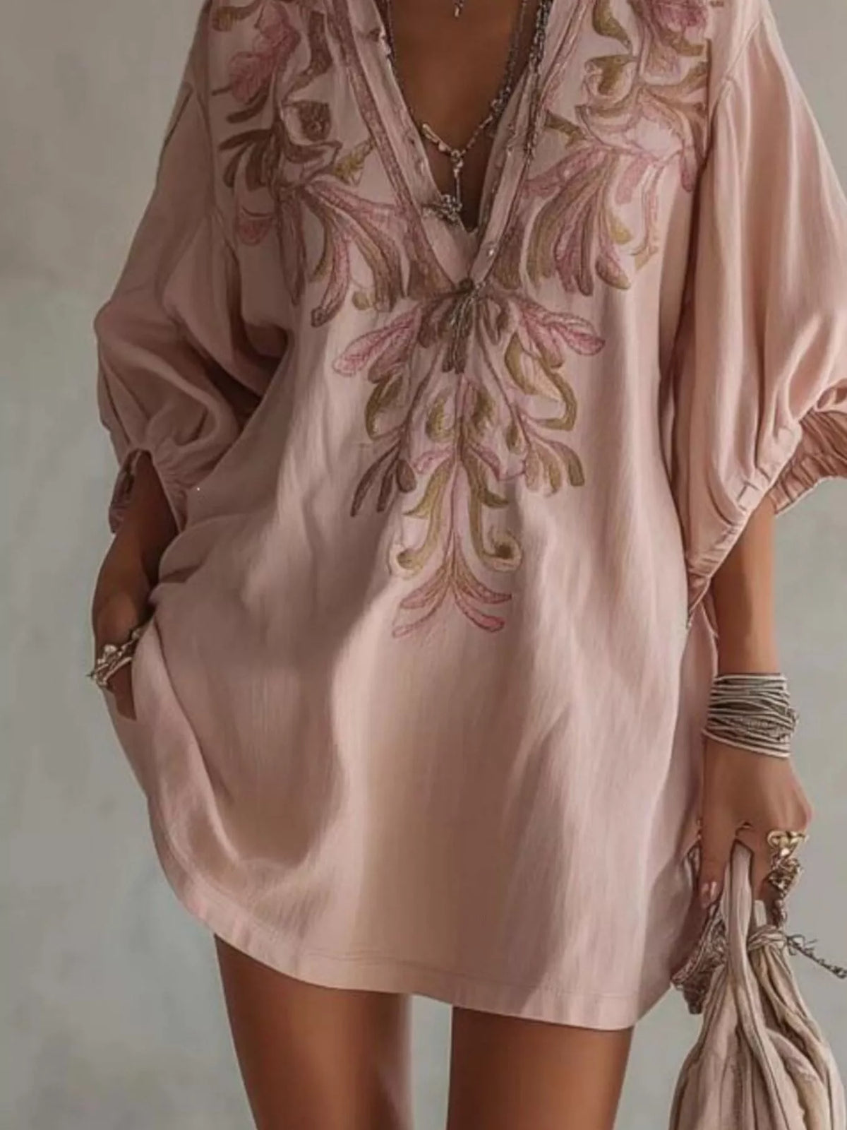 Embroidered v-neck mini dress