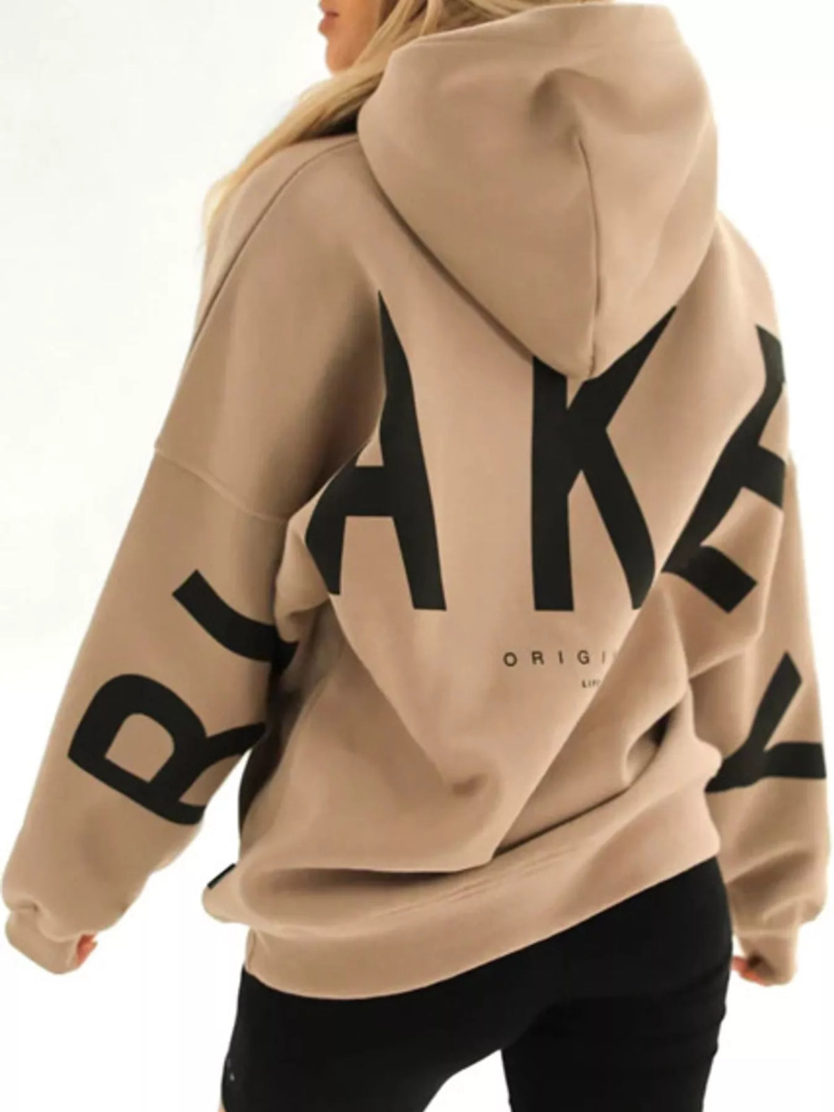 Letter Back Dropped Shoulder Hoodie — back view