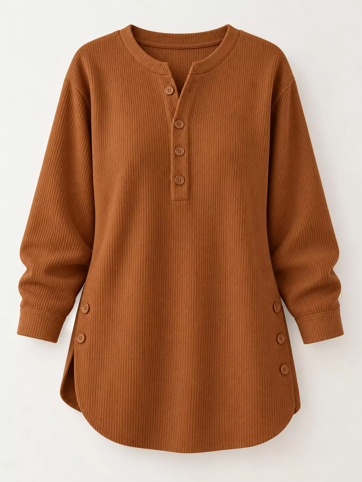 Chestnut brown button detail long sleeve top, front view