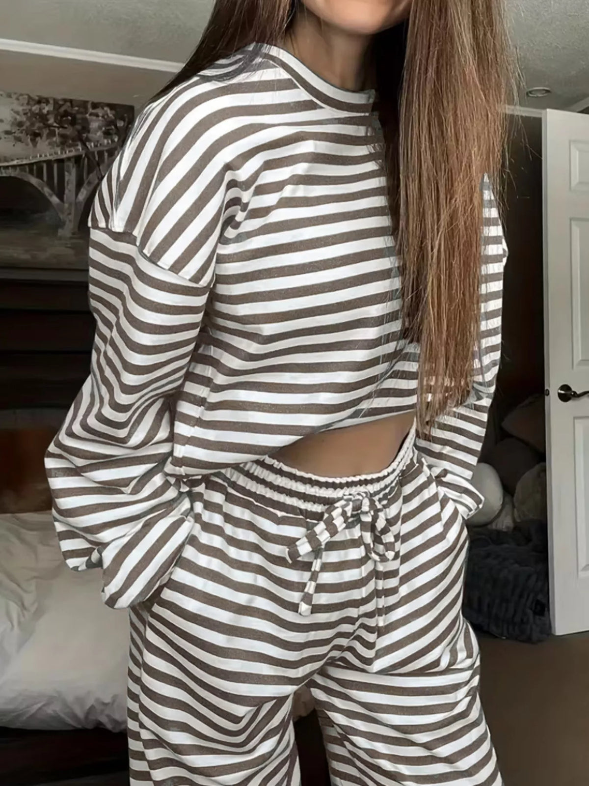 Trendsi Striped Dropped Shoulder Top and Pants Set -