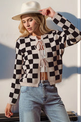 Trendsi Double Take Full Size Checkered Tie Front Long Sleeve Cardigan -