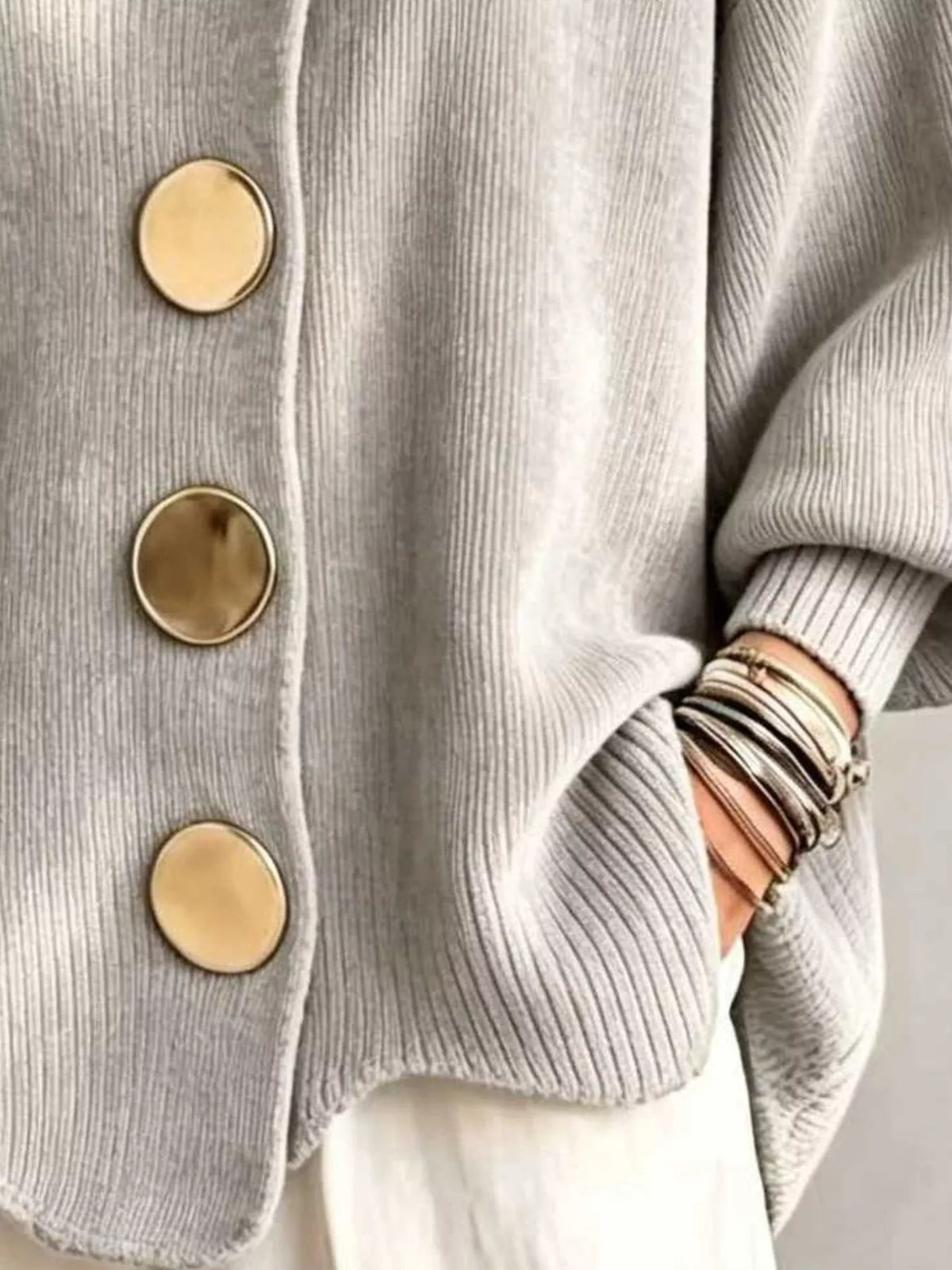 Women's Ribbed Knit Gold Buttons Cardigan in light gray — button detail view