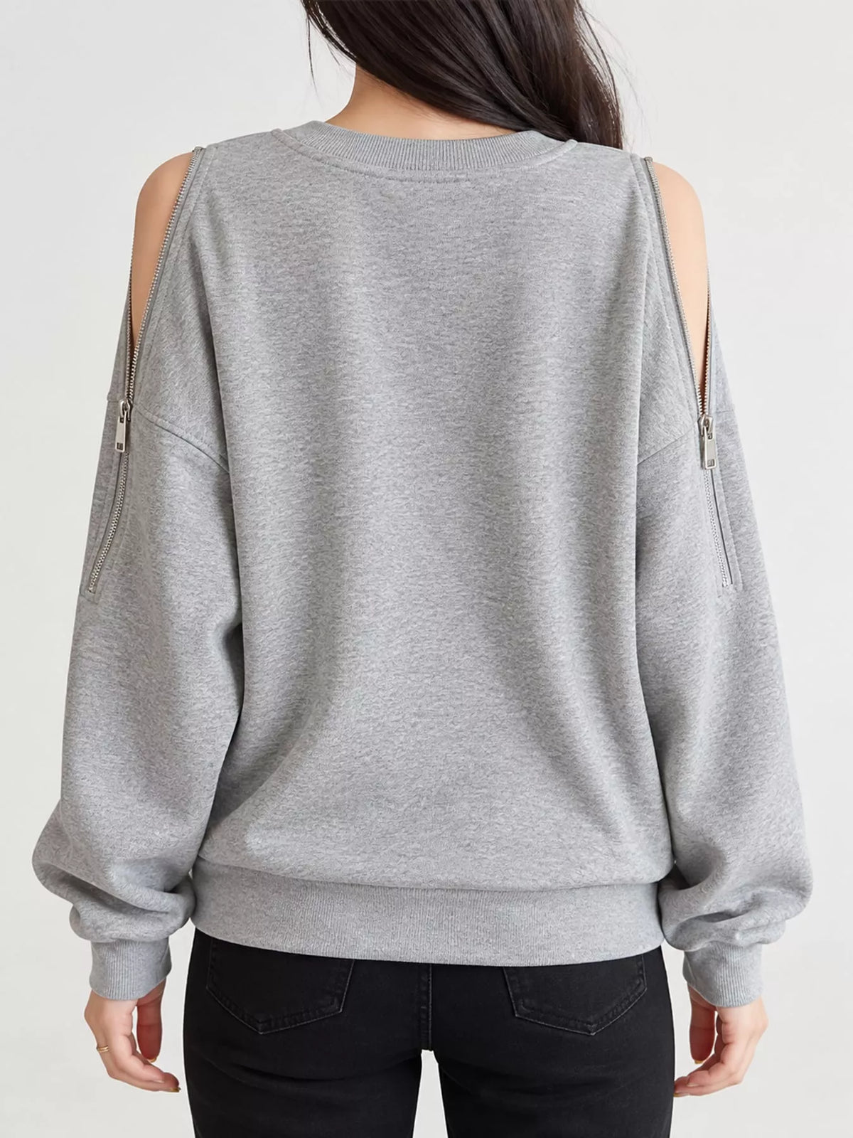 Women's Cold-Shoulder Zipper Detail Sweatshirt in gray — back view