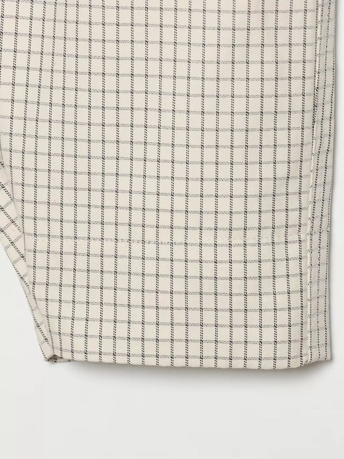 Sleeve cuff on cream check plaid double-breasted cropped jacket