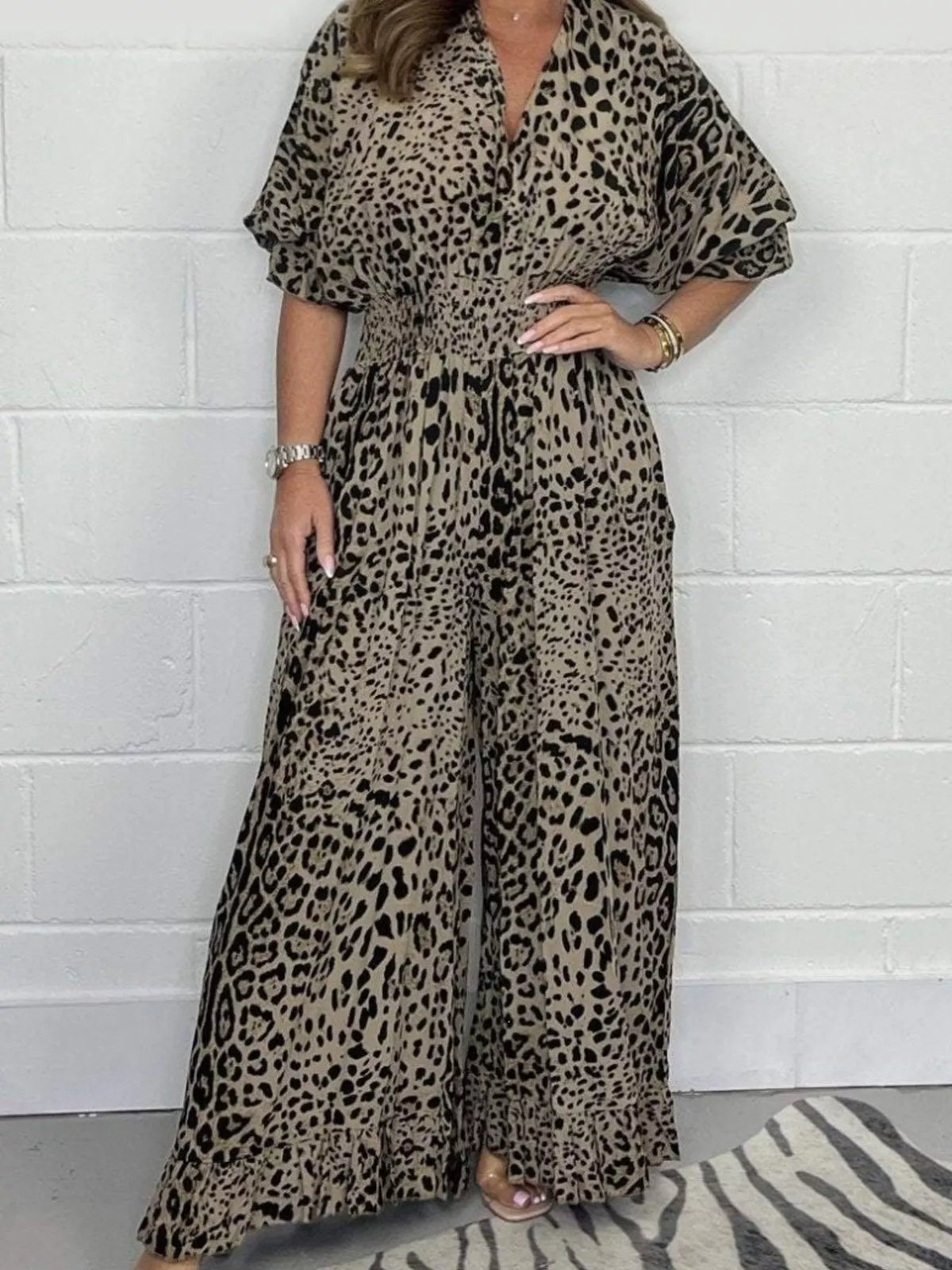 Brown leopard leopard print v-neck wide-leg jumpsuit — front view