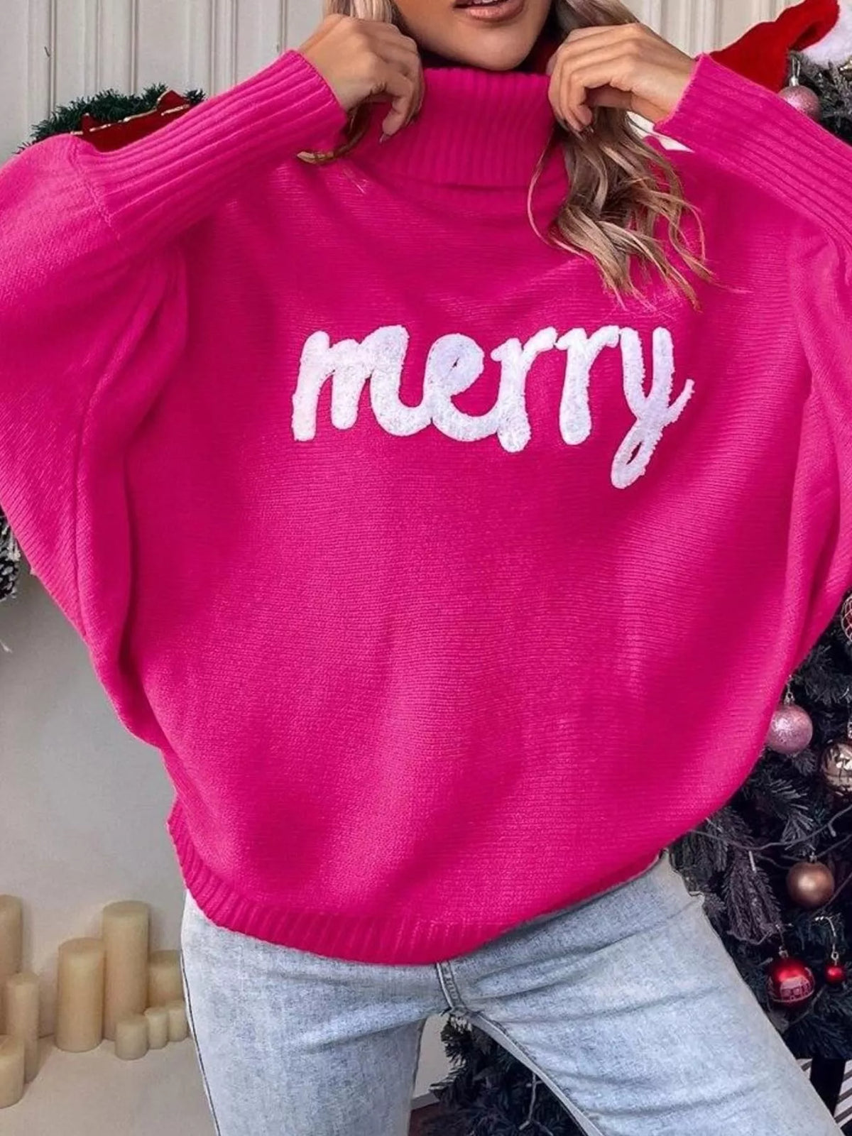 Hot Pink lettering turtleneck sweater