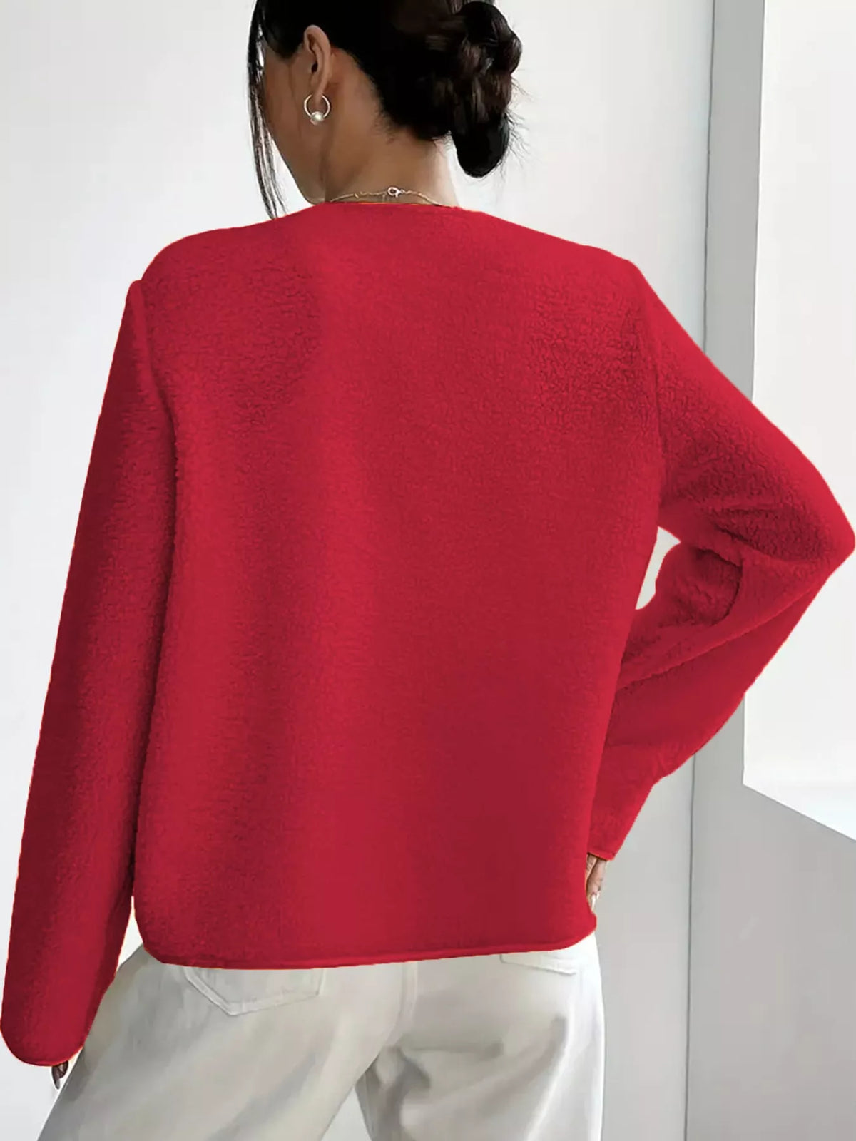 Red textured button-front jacket — back view