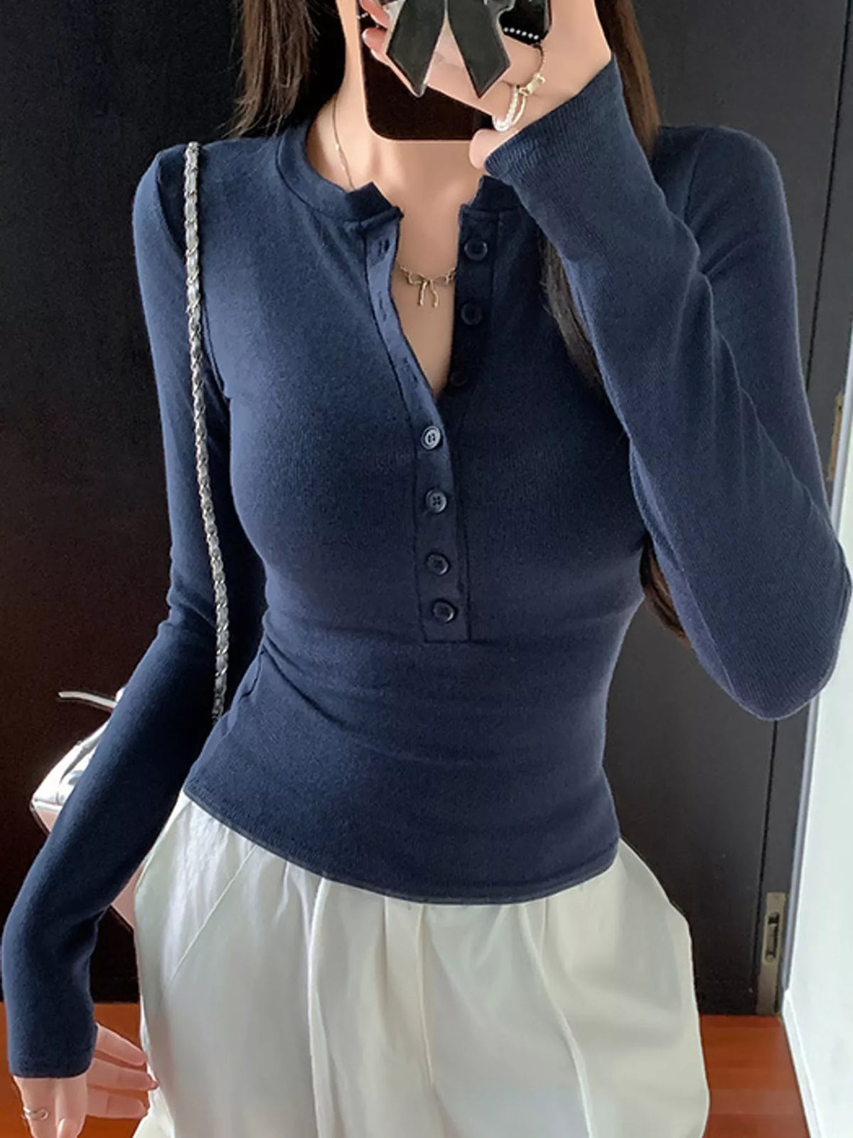 Button Detail Long Sleeve T-Shirt, detail view in blue