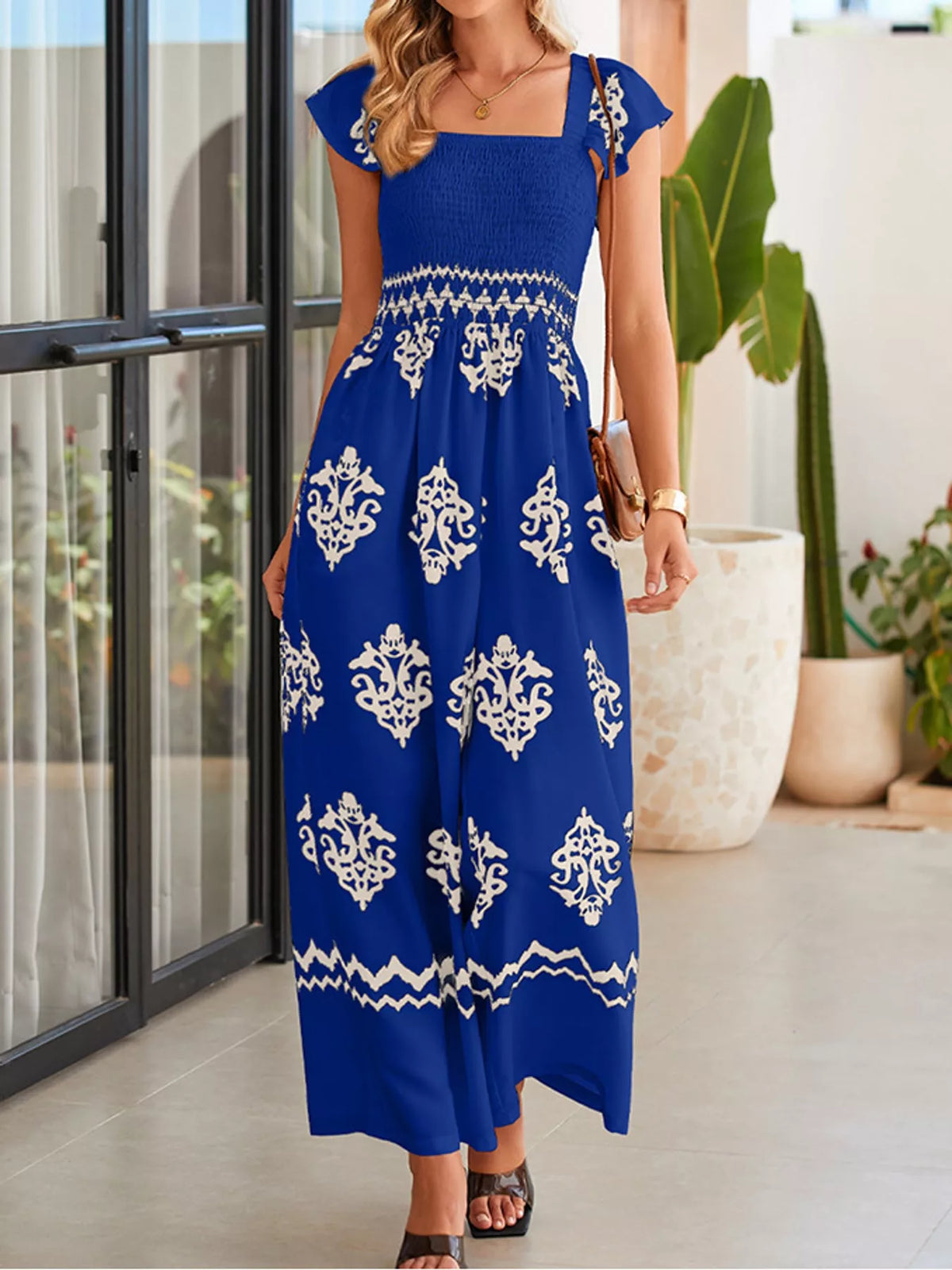Wide-leg ornamental-print short-sleeve jumpsuit