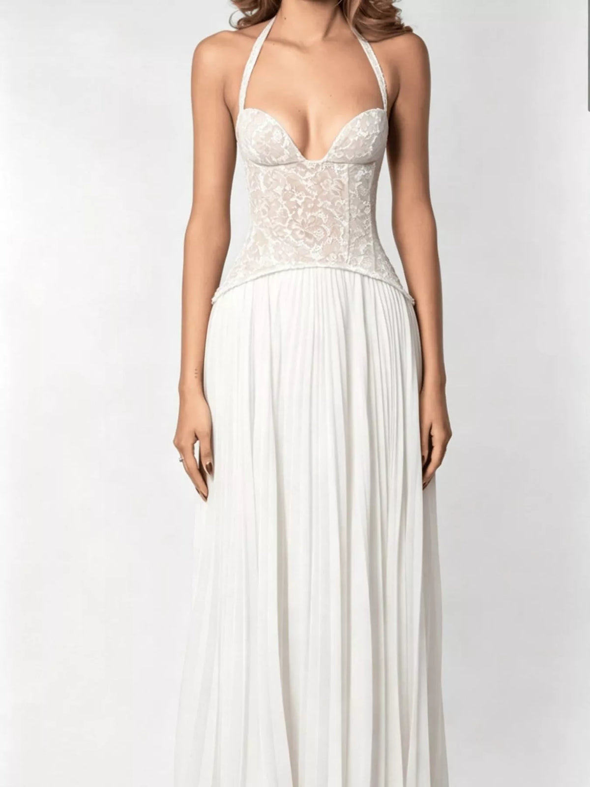 Lace Halter Neck Pleated Maxi Dress — front view