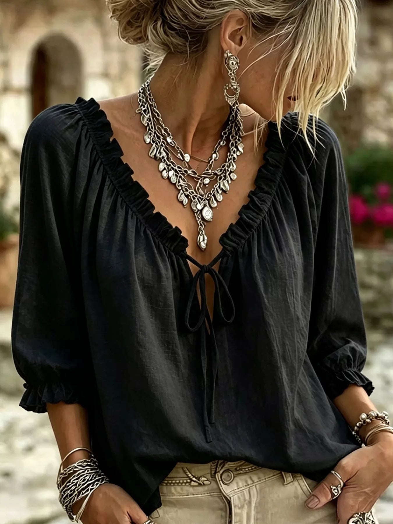 Trendsi Frill Tie Neck 3/4 Sleeve Blouse -