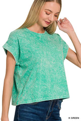 Trendsi Zenana Halo Washed Cotton Cuffed Short Sleeve Top -