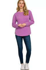 Trendsi Zenana Full Size Raised Rib Round Neck Long Sleeve Top Plus Size -