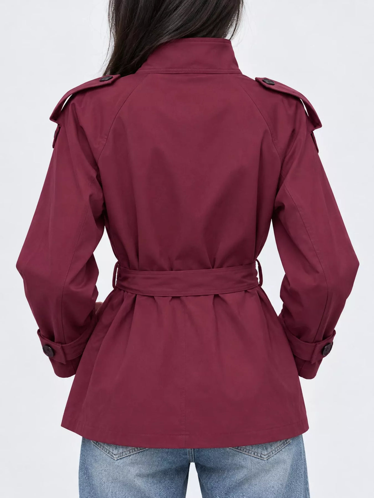 Women's Double-Breasted Belted Trench Coat in burgundy — back view