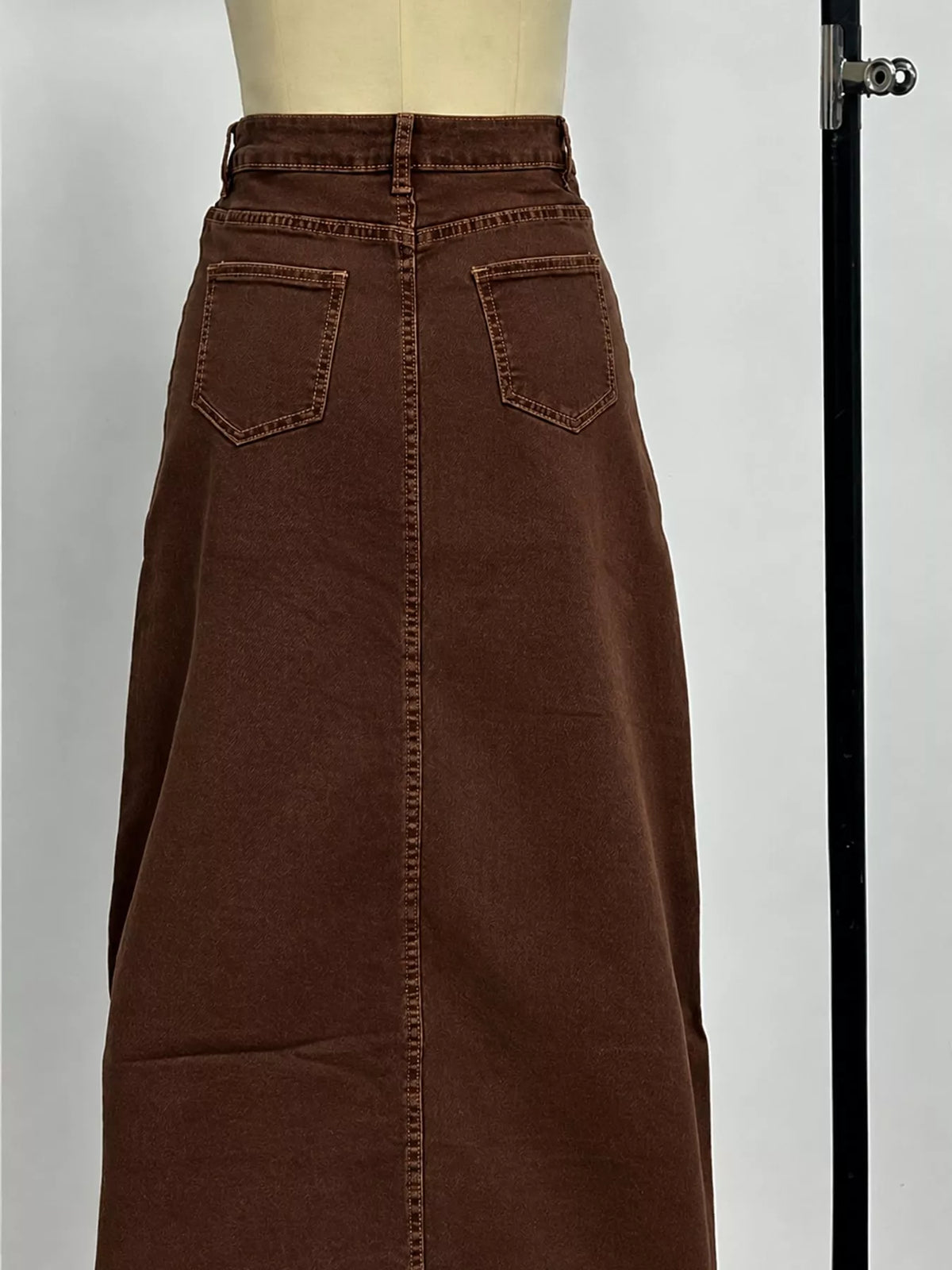 Raw Hem Maxi Denim Skirt — back view