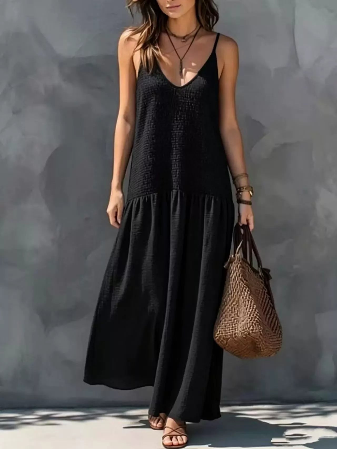 Trendsi Sleeveless Smocked V-Neck Casual Maxi Dress -