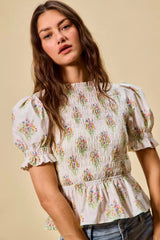 Trendsi SO ME Floral Cotton Smocked Short Sleeves Blouse -
