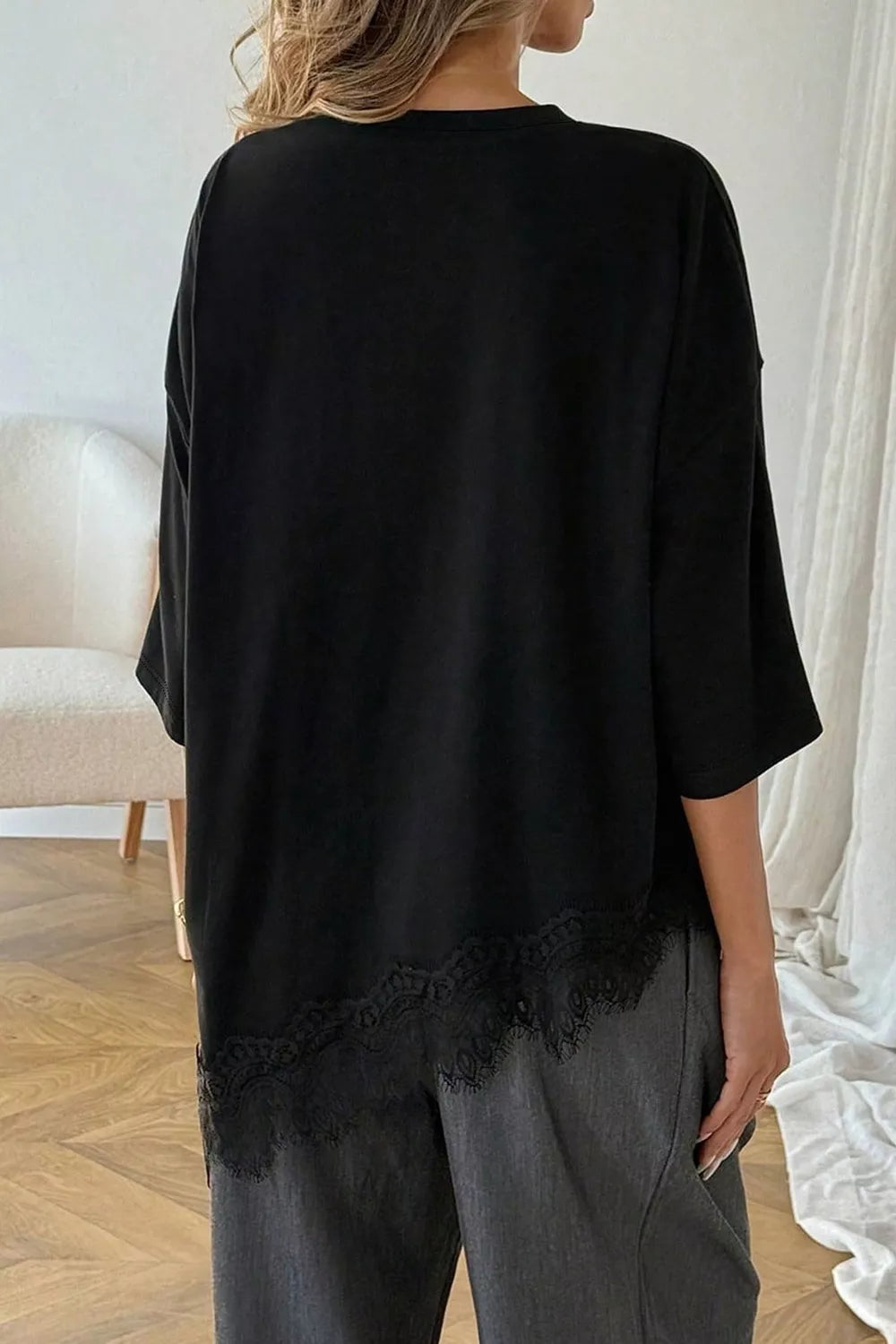 Trendsi Lace Asymmetrical Hem Round Neck T-Shirt -