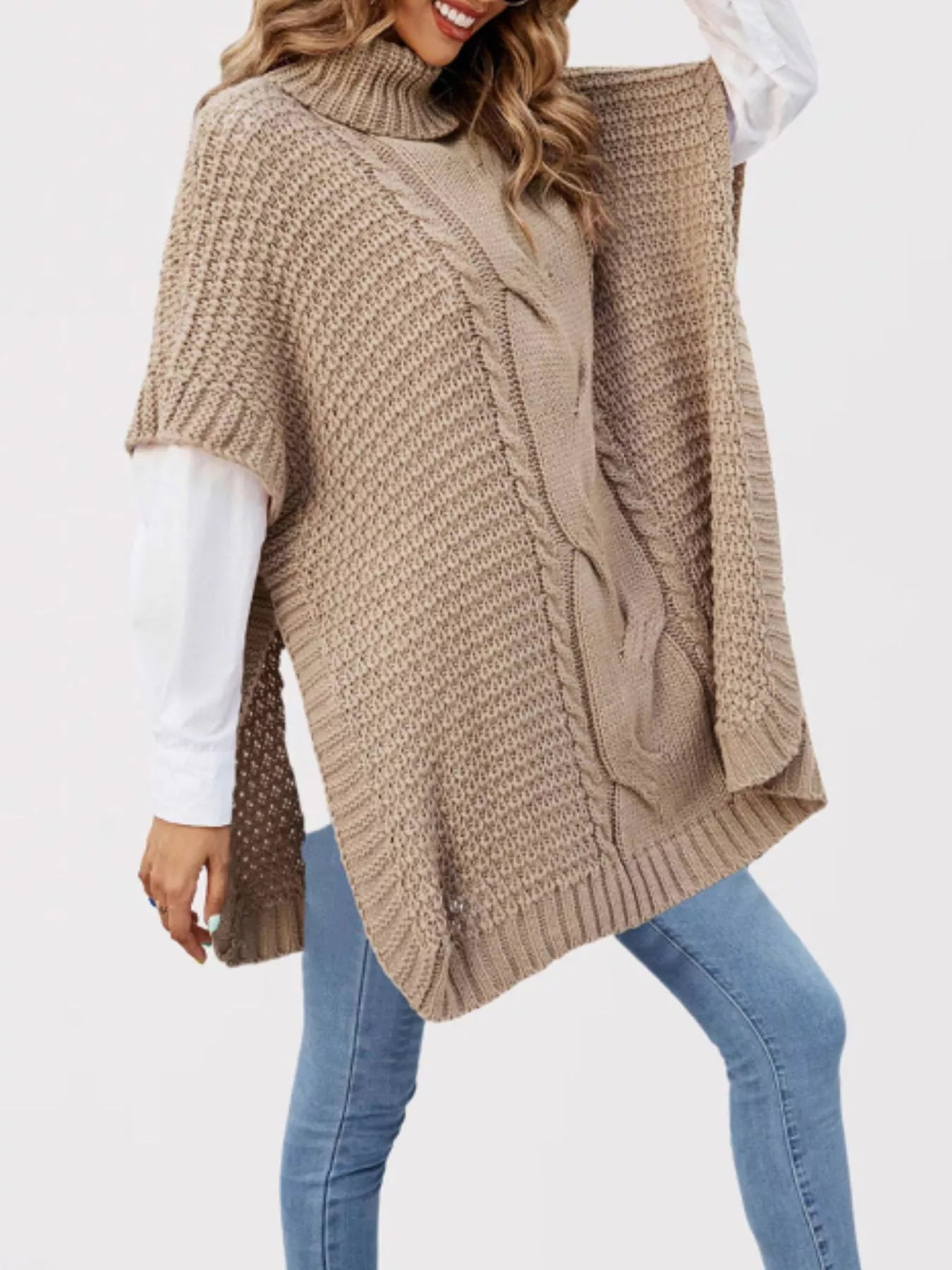Trendsi Turtleneck Cable-Knit Short Sleeve Oversized Sweater -