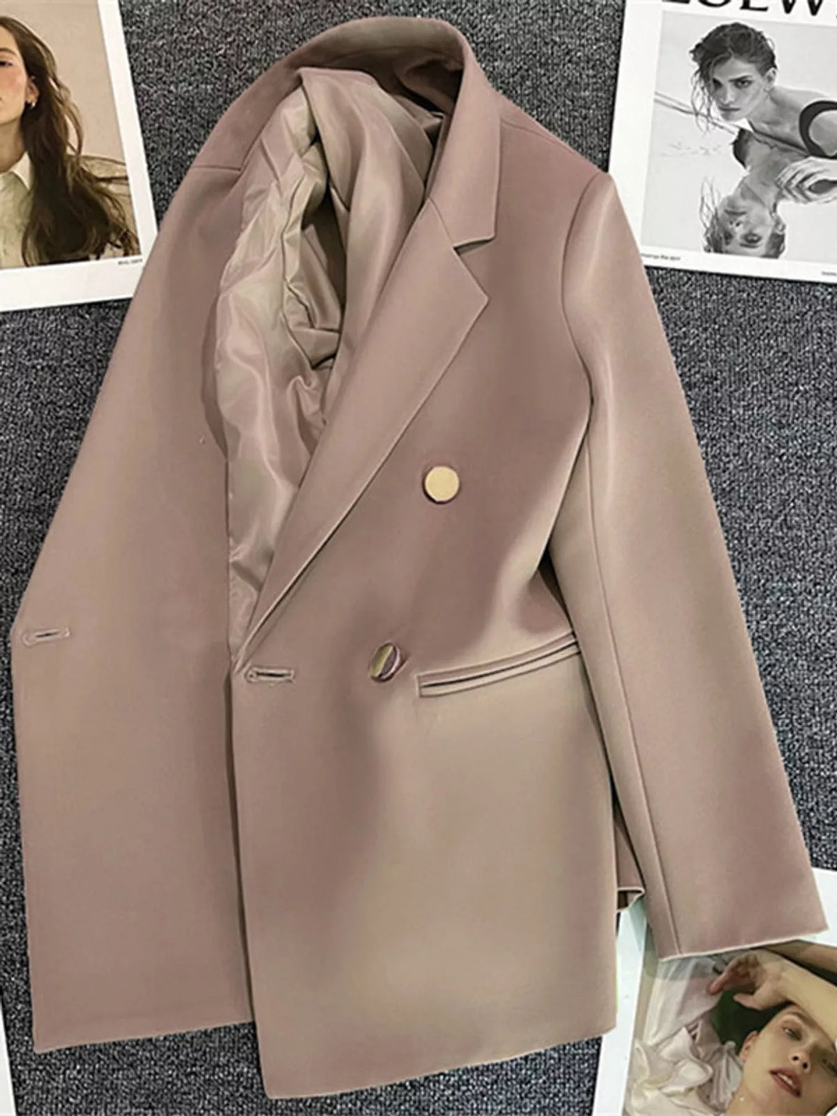 Taupe double-breasted lapel collar blazer