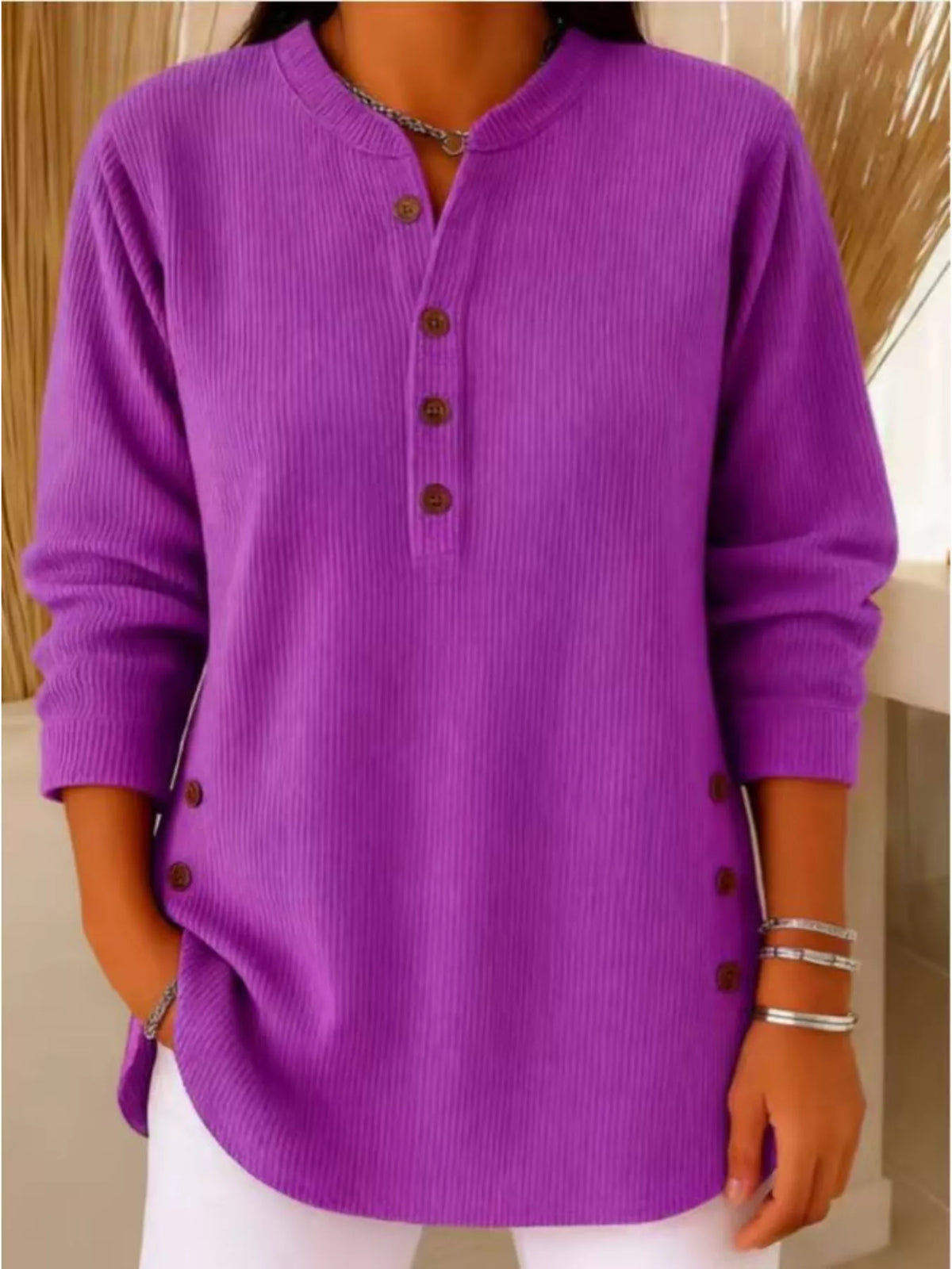 Women's Button Detail Corduroy Top in Dark Purple, front view