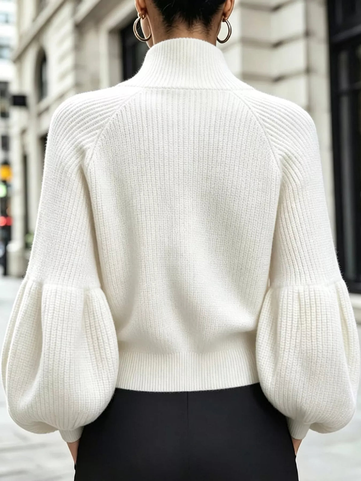 White ribbed knit zip-up lantern sleeve cardigan, back view