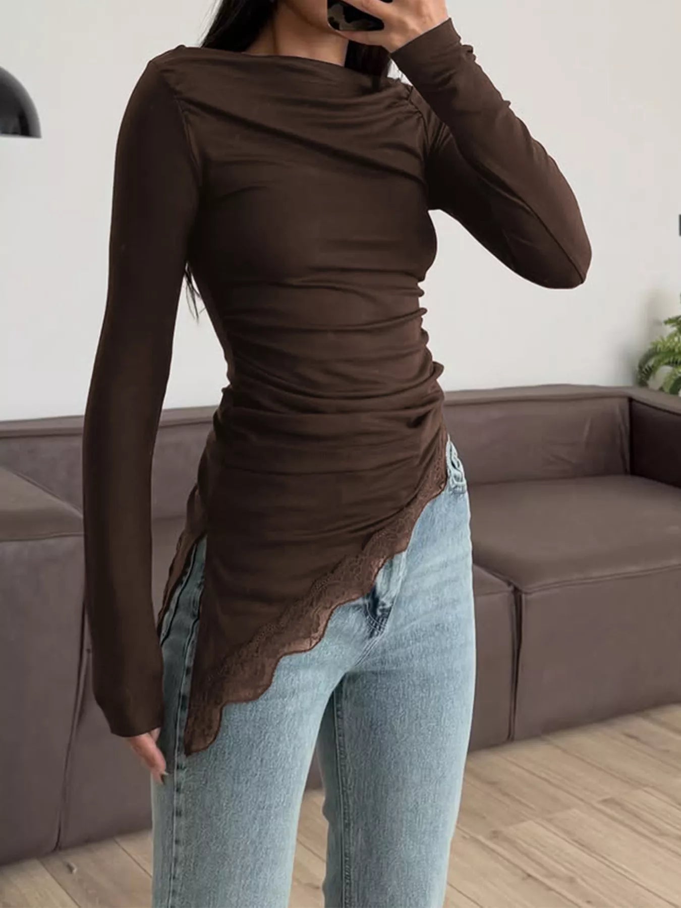 Trendsi Asymmetrical One-Shoulder Ruched T-Shirt with Lace Trim -