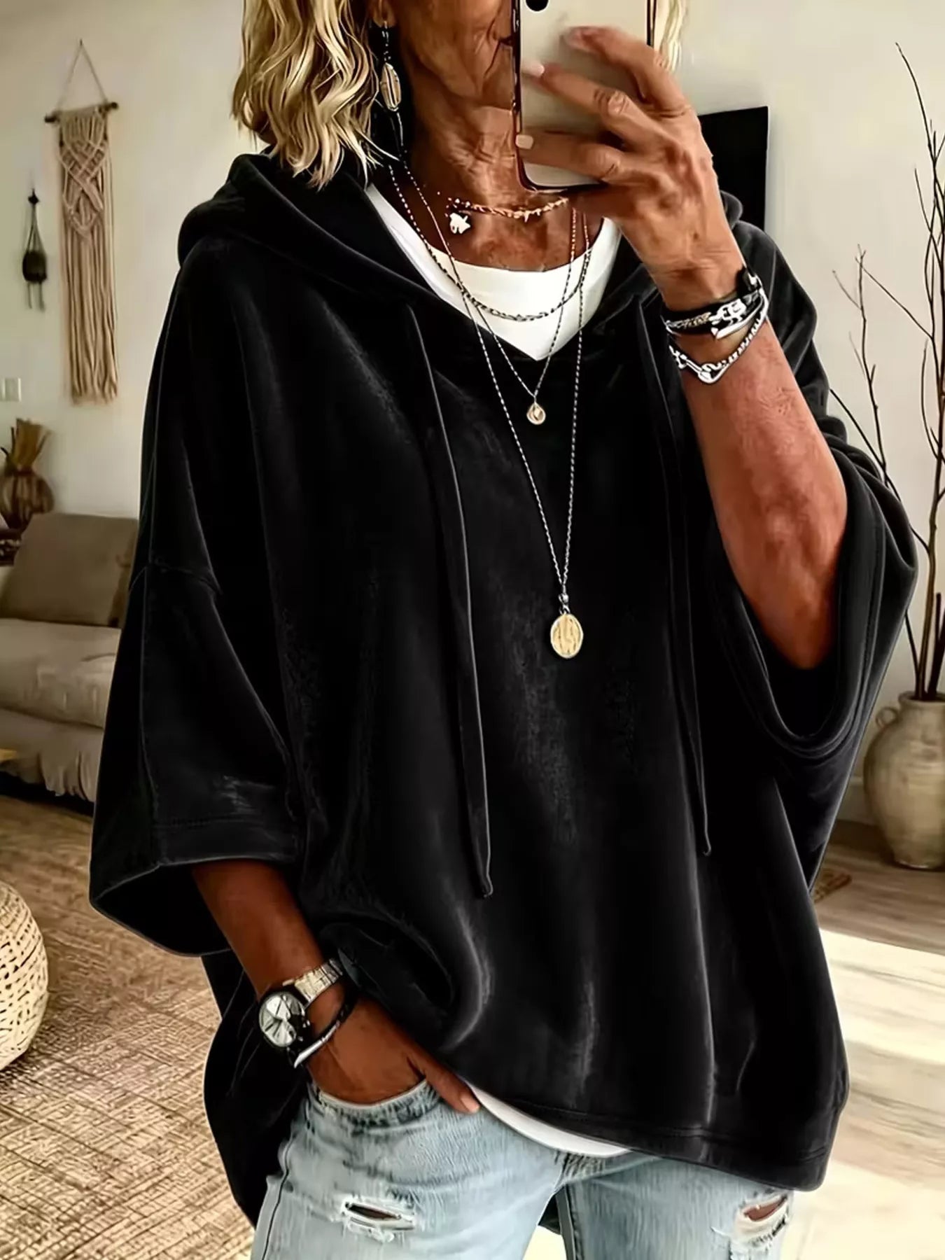 Trendsi Velvet Loose Fit Hoodie with Drawstring -
