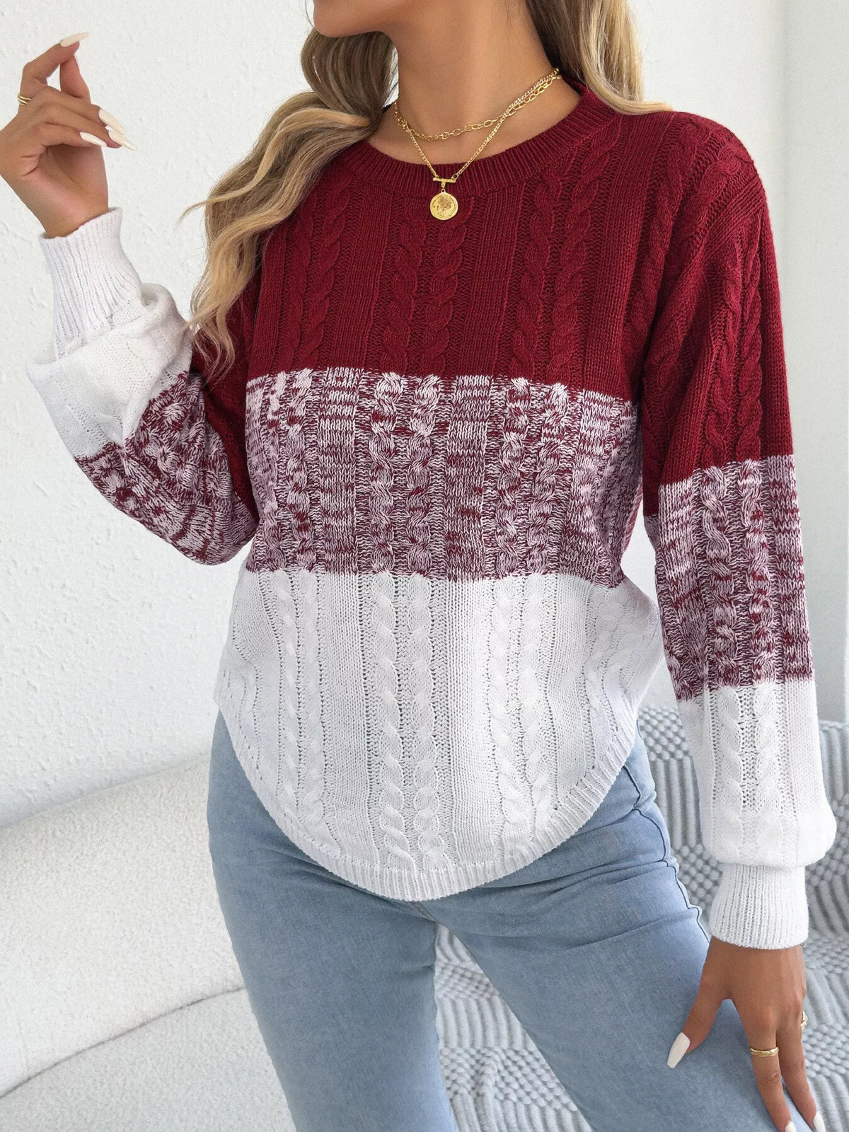 Burgundy and white colorblock cable knit round neck sweater