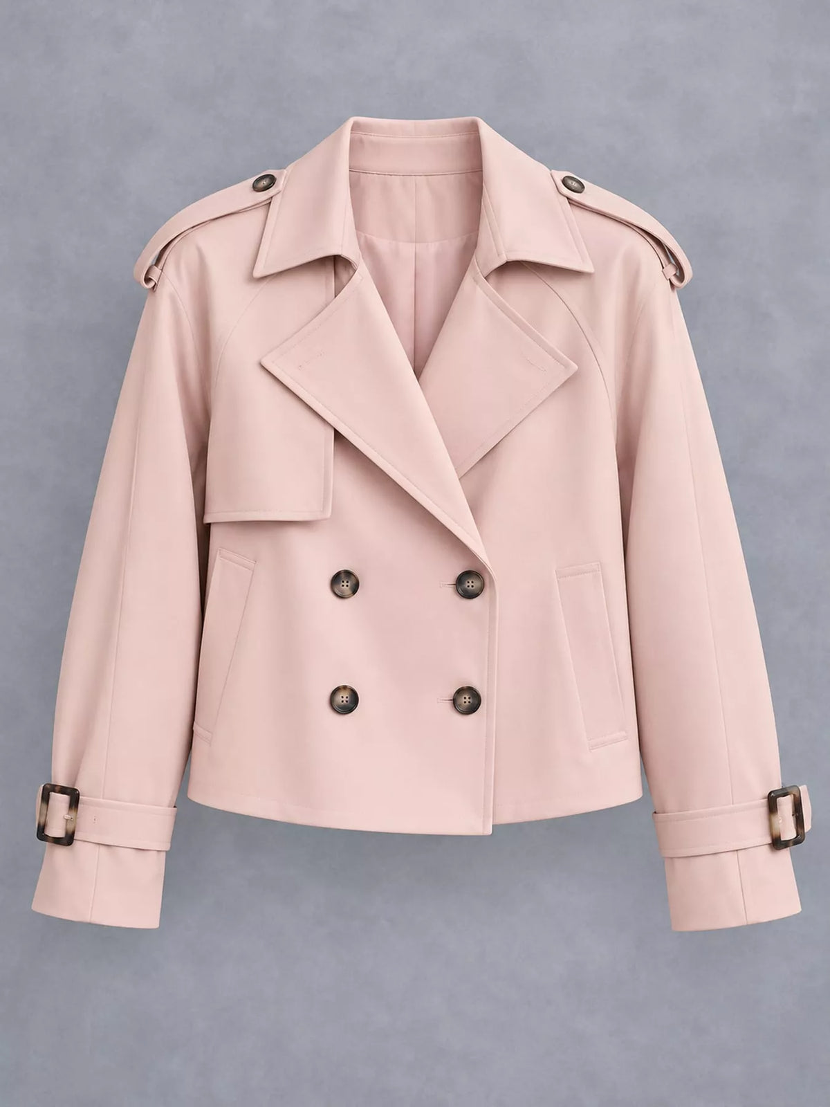Women's Double-Breasted Cropped Trench Coat in pink — flat lay view
