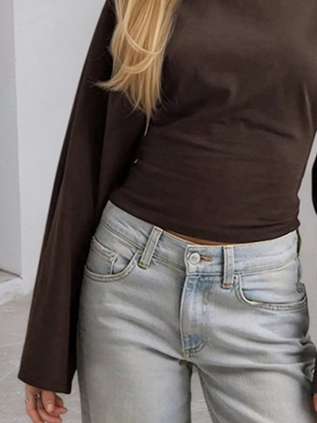 Dark Brown Solid Long Sleeve Crew Neck Stretch T-Shirt bodice and sleeve detail