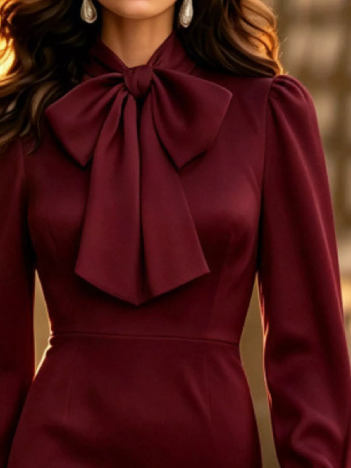 Burgundy pussy-bow long sleeve midi dress