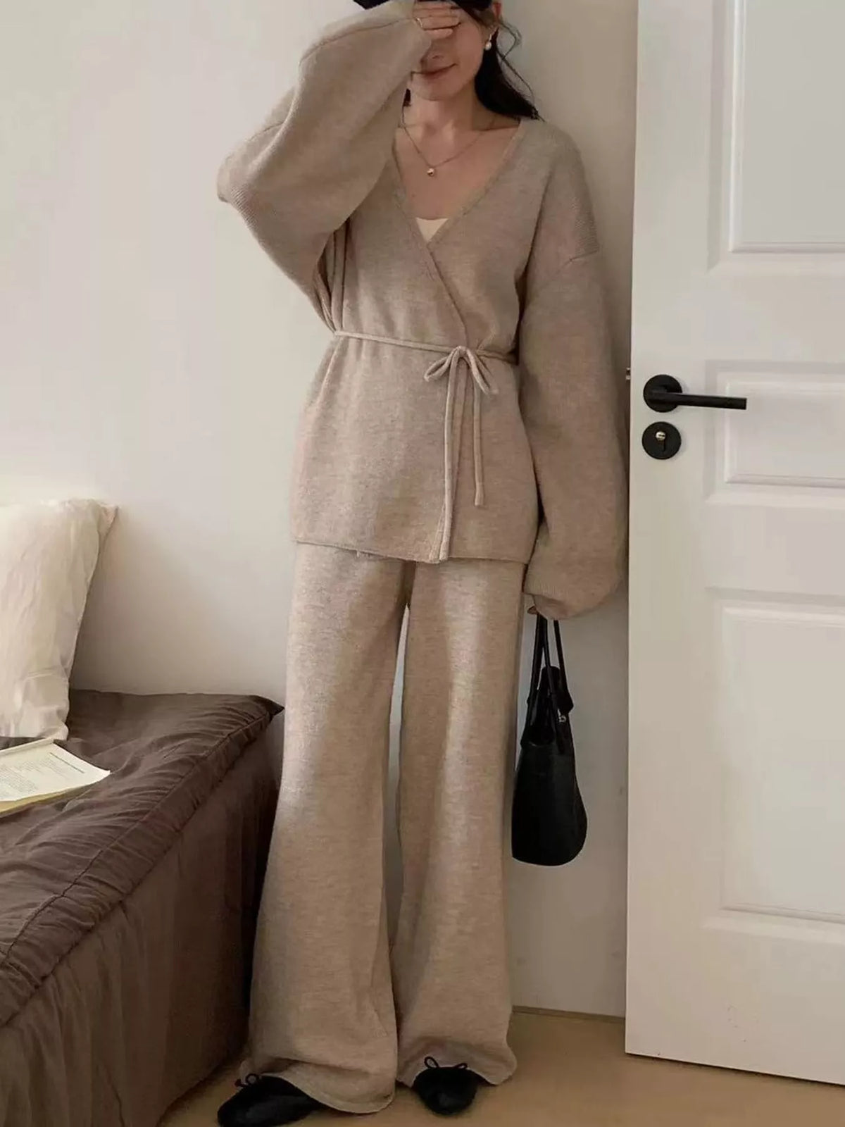 V-Neck Wrap Cardigan and Wide-Leg Pants Sweater Set in taupe