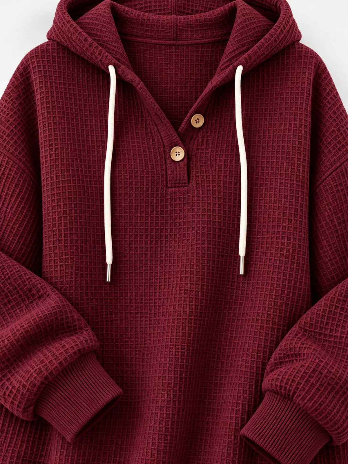 Waffle-knit hoodie, burgundy neckline detail