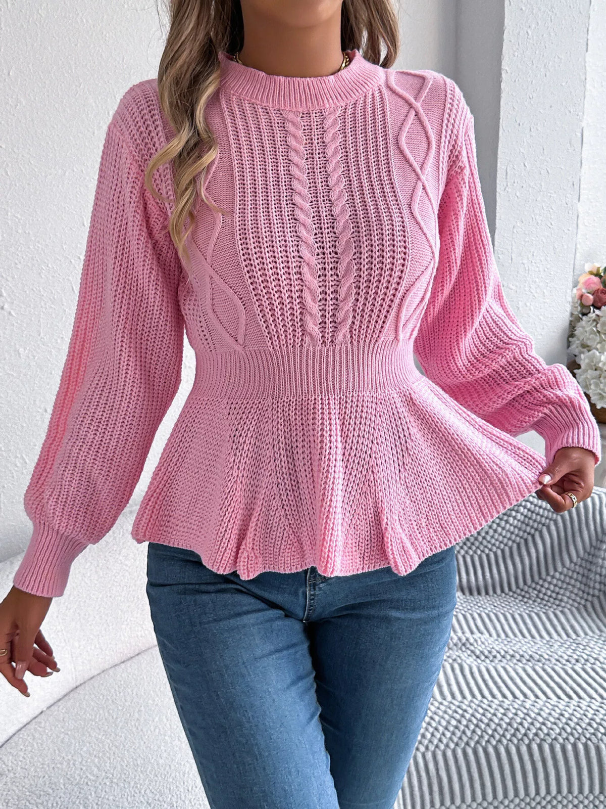 Cable Knit Peplum Sweater in pink, front view