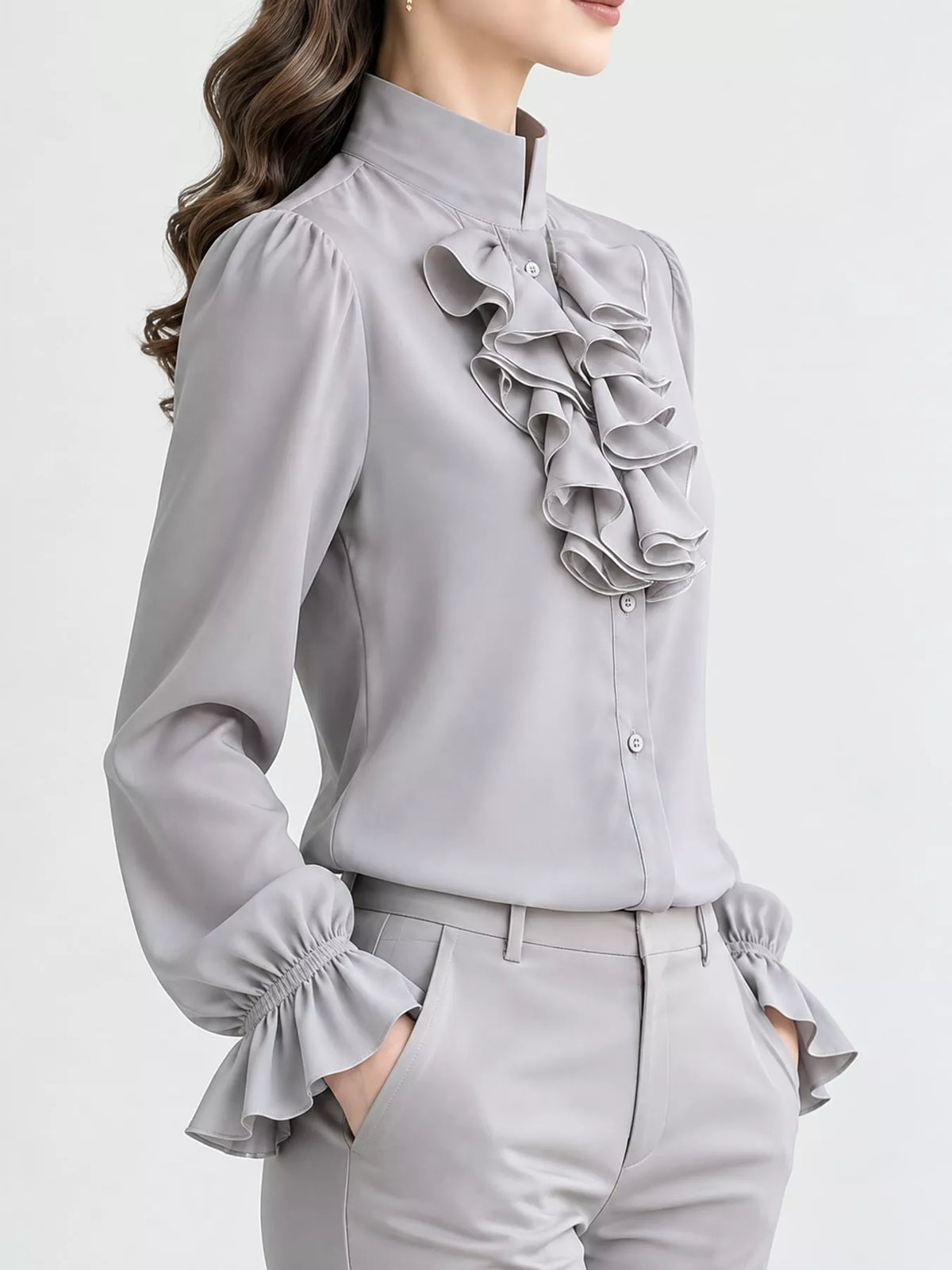 Ruffled Stand-Collar Blouse with Long Lantern Sleeves, side view