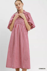 Trendsi Umgee Puff Sleeve Plaid Midi Dress - Dresses