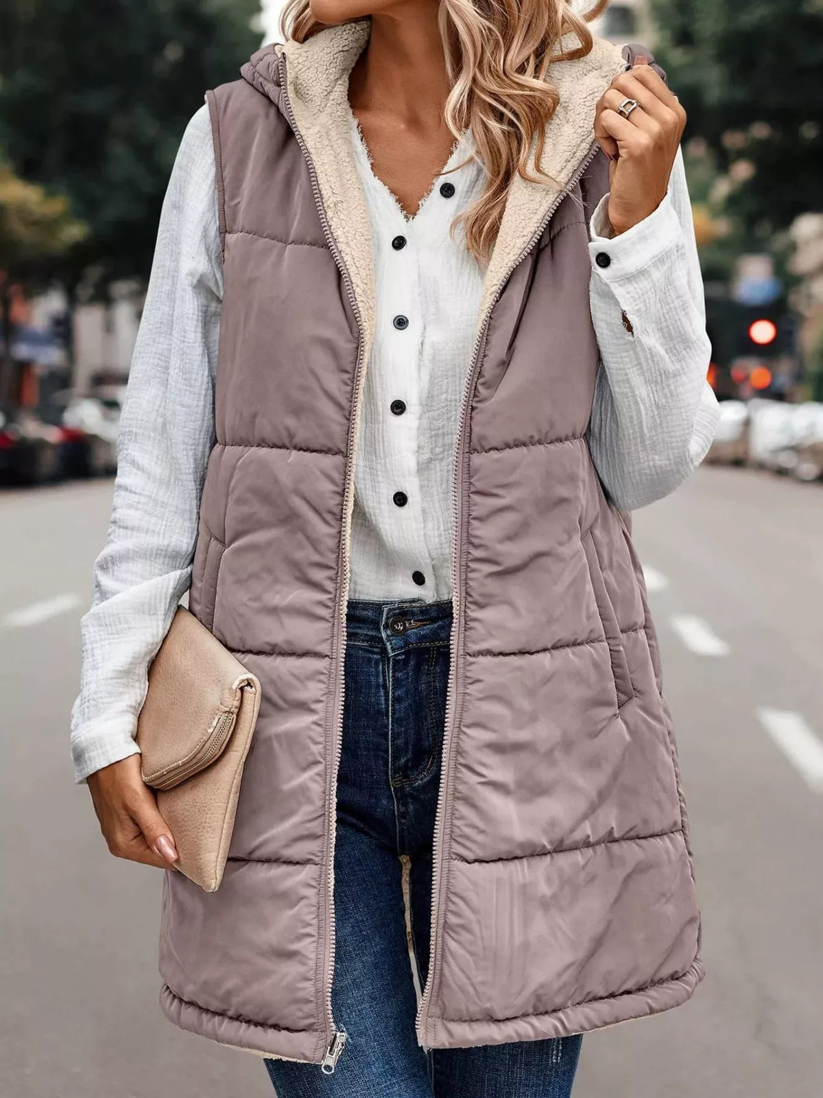 Taupe hooded sherpa-lined puffer vest