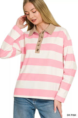 Trendsi Zenana Striped Contrast Collar Polo Top -